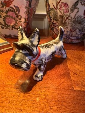 Vintage Ceramic Black&White Scottie Dog Figurine w/Orange Collar, Made in Japan